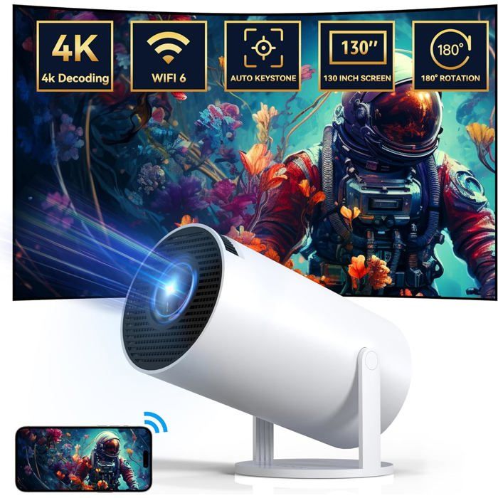 Mini Videoprojecteur 4K Android 11 - 18000 Lux, Rotation 180°, Correction Trapèze Auto - Portable Extérieur