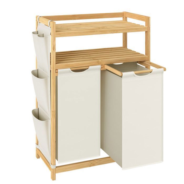 Panier à Linge - SONGMICS - 2 Compartiments - Bambou - 100L - Blanc Crème