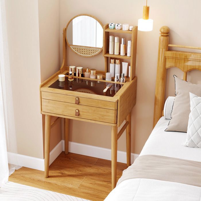 Coiffeuse en Bambou avec Miroir et 2 Tiroirs COSTWAY Étagères de Rangement Ouvertes Plateau en Verre Naturel pour Petite Espace Coiffeuse en Bambou avec Miroir et 2 Tiroirs COSTWAY Étagères de Rangement Ouvertes Plateau en Verre Naturel pour Petite Espace