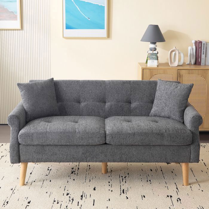 Canapé Scandinave 2 Places en Tissu Chenille Gris – Sofa Moderne avec Coussins Épais et Pieds en Bois Massif