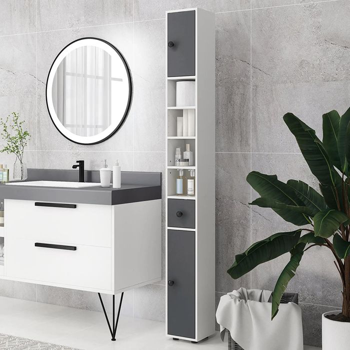 Colonne rangement salle de bain 1 tiroir et 4 étagères 20 x 20 x 180 cm Gris Colonne rangement salle de bain 1 tiroir et 4 étagères 20 x 20 x 180 cm Gris