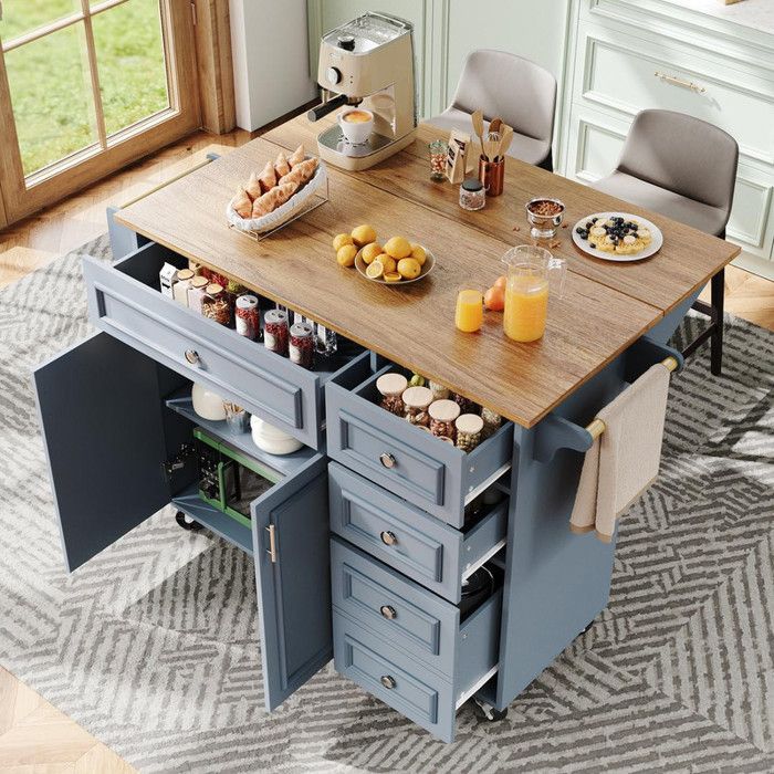 Ilot central cuisine 110x45-75x92 cm Îlot central amovible à motif vintage Meuble buffet Table à manger avec rangement Bleu