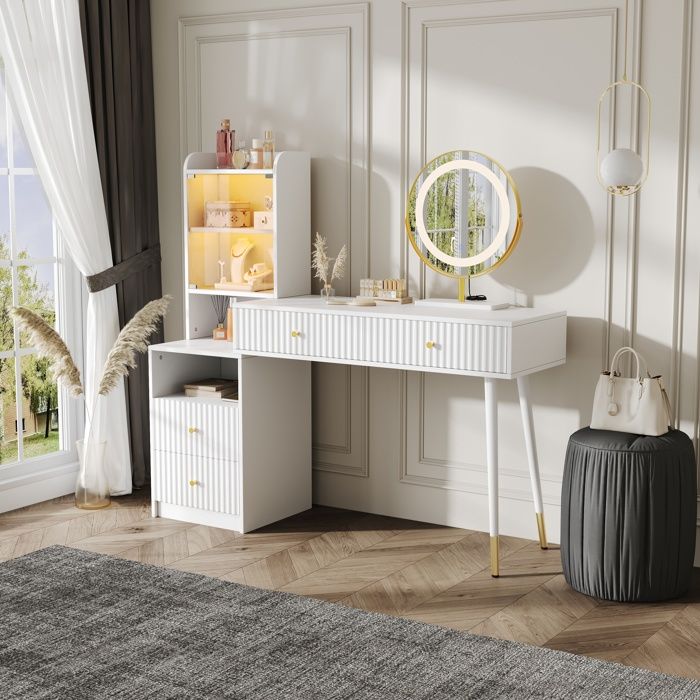Coiffeuse avec miroir - MODERNLUXE - 100x40x125cm - LED réglable - 4 tiroirs et 1 porte vitrée - Blanc Coiffeuse avec miroir - MODERNLUXE - 100x40x125cm - LED réglable - 4 tiroirs et 1 porte vitrée - Blanc