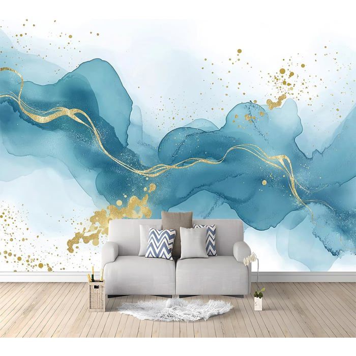 Papier Peint Panoramique 3D 400x280cm Or Bleu Marbre Aquarelle ...