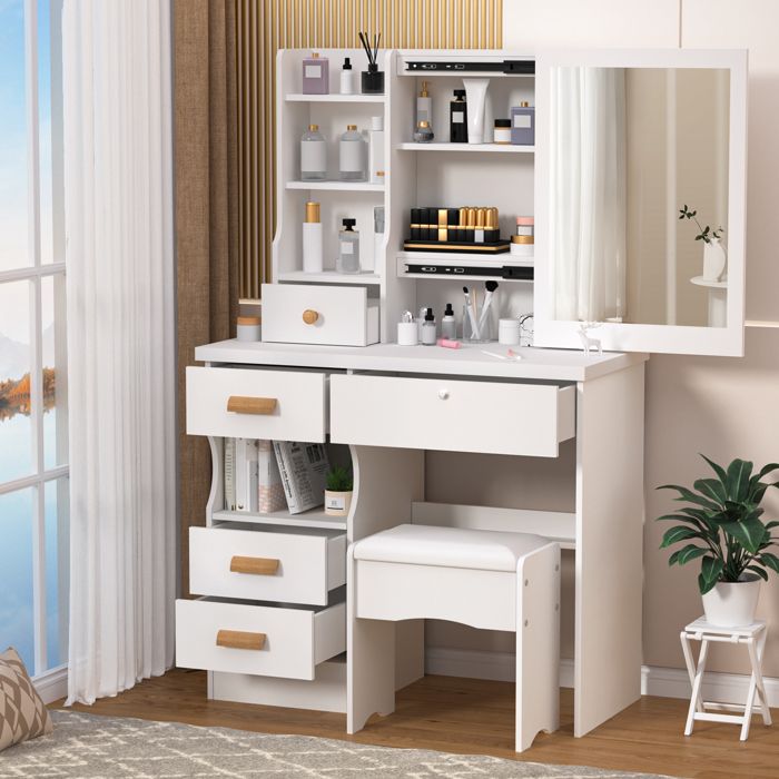 Coiffeuse - Fianao - 5 Tiroirs - Miroir Coulissant - Style Moderne - Blanc - 80x40x135cm