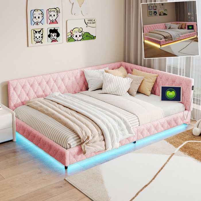 Lit 140x200cm Canape Lit Rembourré avec éclairage LED et Charge USB/Type-C lit Banquette 2 Places avec Sommier à Lattes Rose