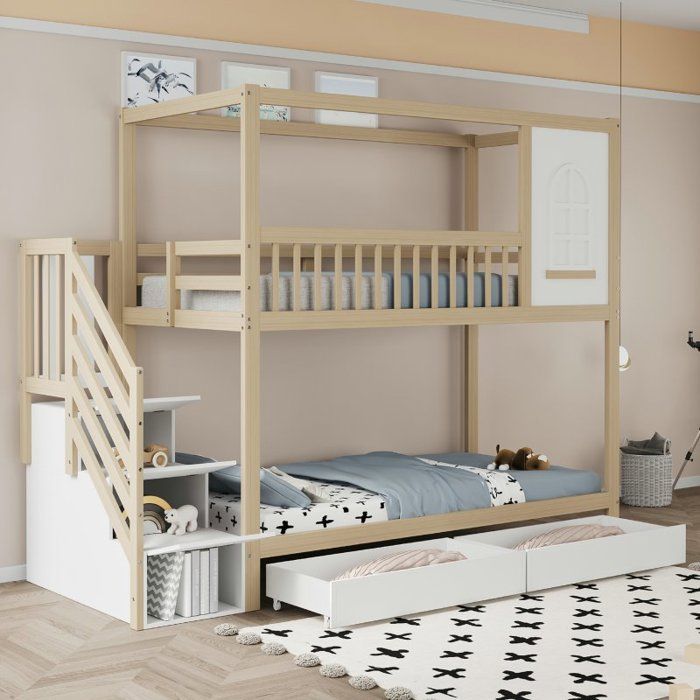 Lit superposé - LANGTU - Forme maison - Bois massif - 2 x 90x200 cm - Tiroirs intégrés