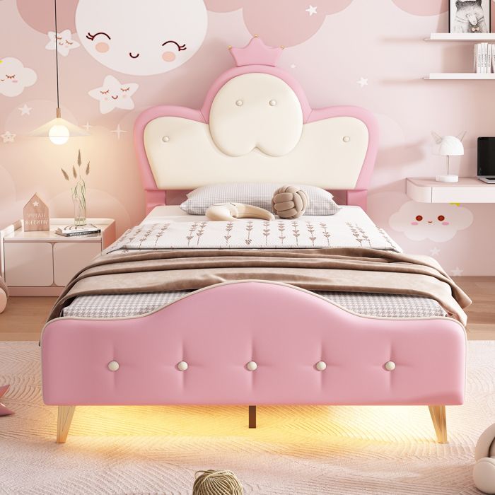 Lit enfant rembourré 90x200 cm avec tête de lit et bande LED — PU rose/blanc