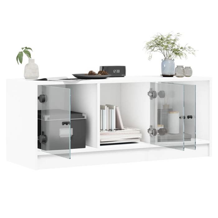 NEUF Armoire TV - Blanc - Meuble TV - TABLE TV - avec portes en verre blanc 102x37x42 cm - TT4551