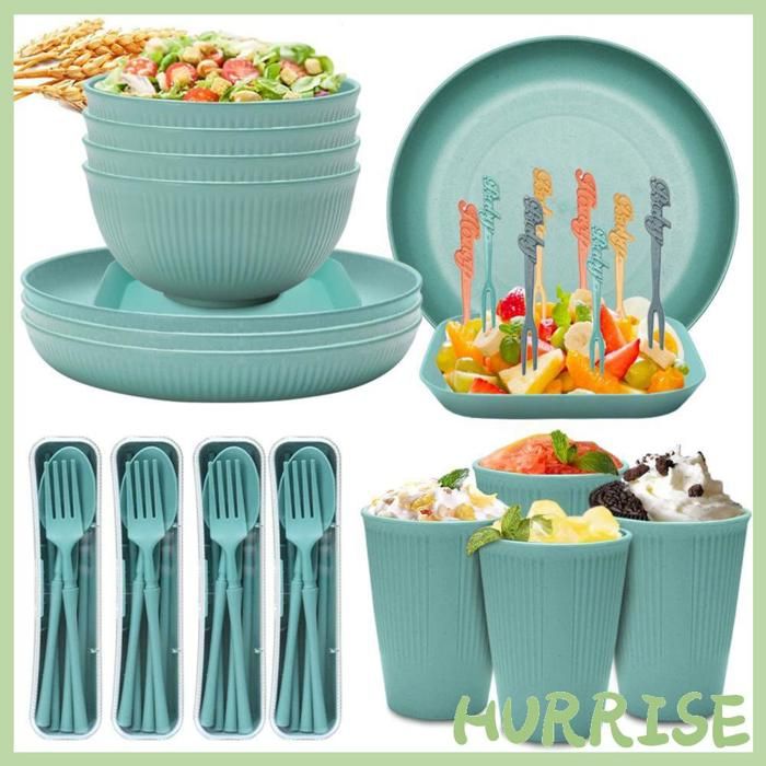Garosa Ensemble de couverts en paille de blé 48 pièces de vaisselle en paille de blé tasses assiettes bols culinaires cuisine