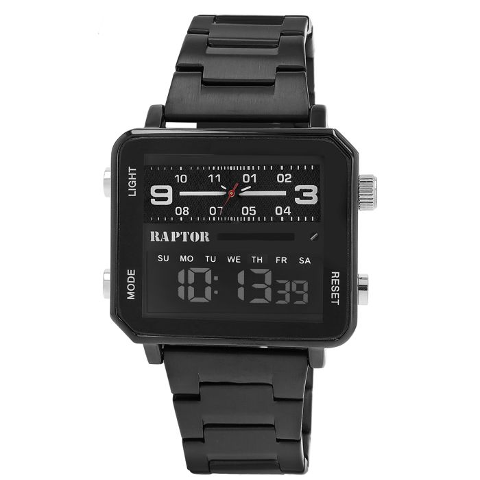 Montre bracelet - RAPTOR - Fabius - Rectangulaire - Acier inoxydable noir - Double affichage