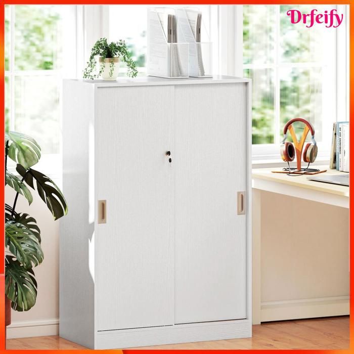 Armoire de bureau - AKOZON - 8944 - 2 portes coulissantes verrouillables - 2 étagères - Blanc
