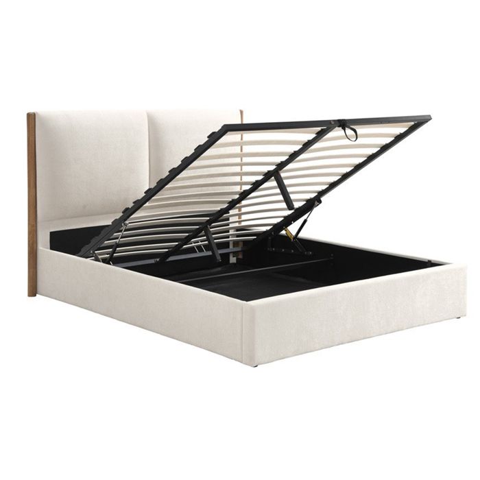 JUNA - Lit double en tissu beige et bois avec coffre 140x190 cm