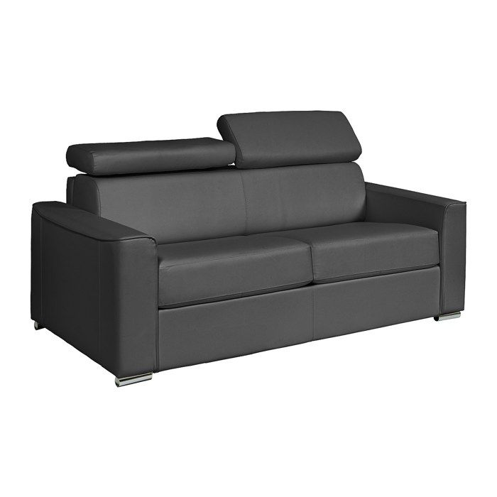 Canapé 3 places convertible express en cuir de buffle gris - Couchage à lattes larges 140 cm - Matelas 22 cm avec mémoire de forme