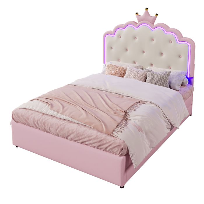 VLIVRA Lit gigogne 3 Places 2 Tiroirs LED Réglable et Télécommande 140×200 cm et 90×188 cm sans Matelas Rose