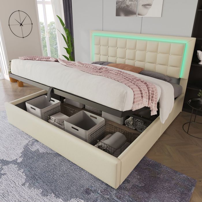 Lit double rembourré - 180x200 - Coffre de rangement intégré - Simili cuir blanc - LED intégrée