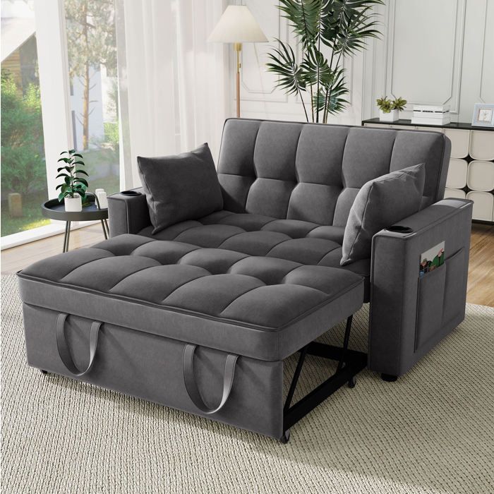 Canapé convertible 2 places en velours gris foncé dossier 3 positions porte-gobelets et poches