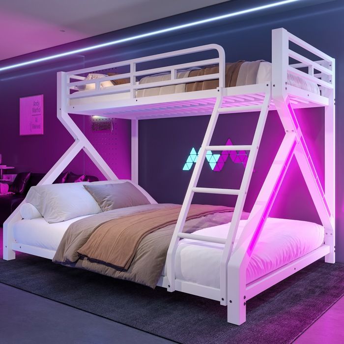 Lit superposé enfant 90×200 cm et 140×200 cm avec LED garde-corps et échelle sans matelas métal blanc - UVRION
