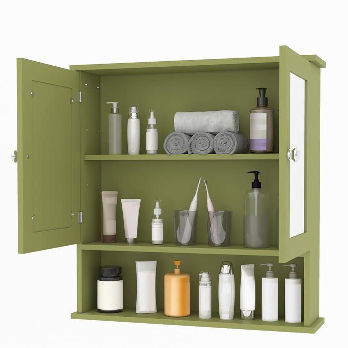Armoire de salle de bain - LUNSY - Porte miroir - Étagères réglables - Résistant à leau - Compact - Fixation murale