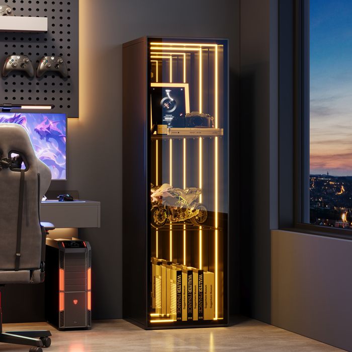 Vitrine avec LED 30x30x90 cm 1 porte cadre aluminium verre trempé 3 compartiments étagères réglables soft-close MDF noir