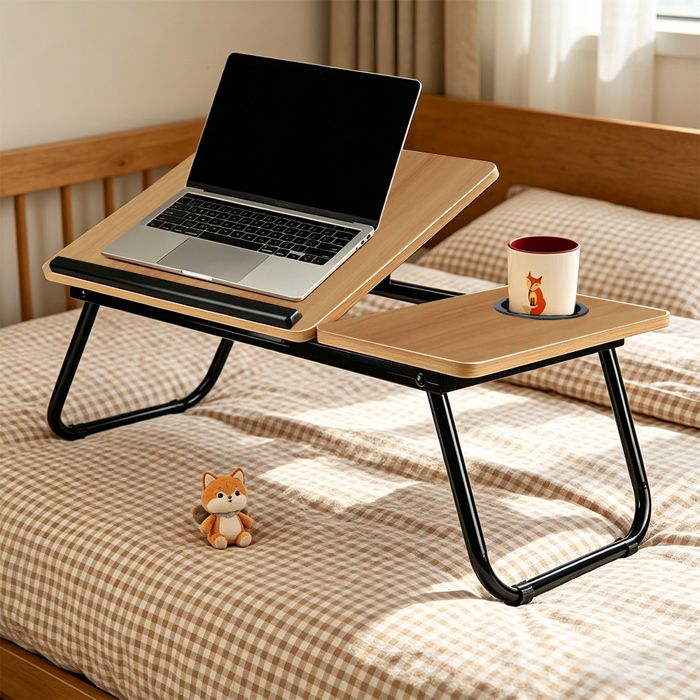 Table de Lit Pliable et Réglable Plateau pour Ordinateur Portable avec Plateau Inclinable 56×33×25cm Bureau de lit en Bambou