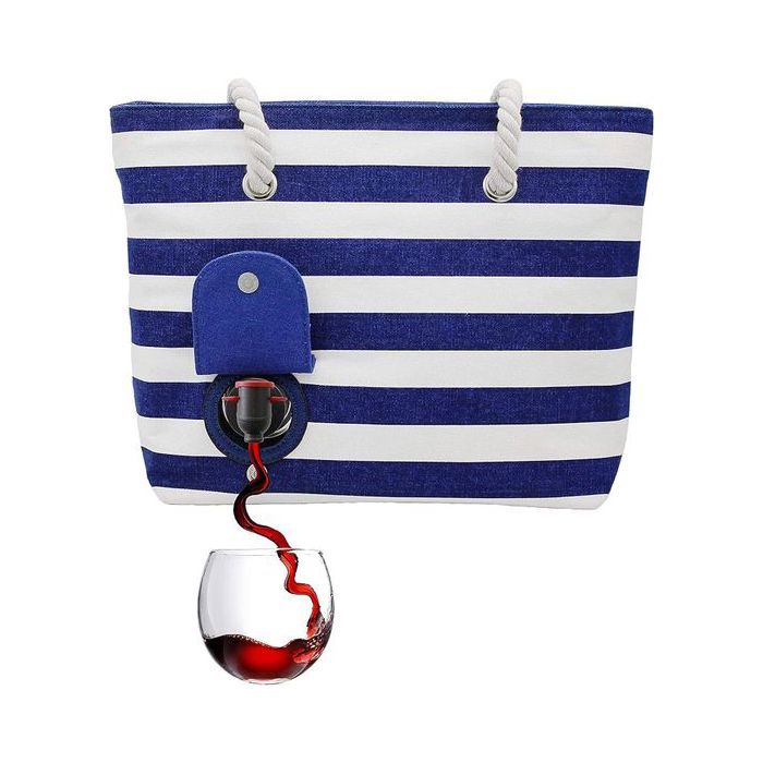 Sac de plage - Canvas rayé Rose/Bleu - Compartiment thermique amovible - 15 L (2 bouteilles) - 43x15x33 cm