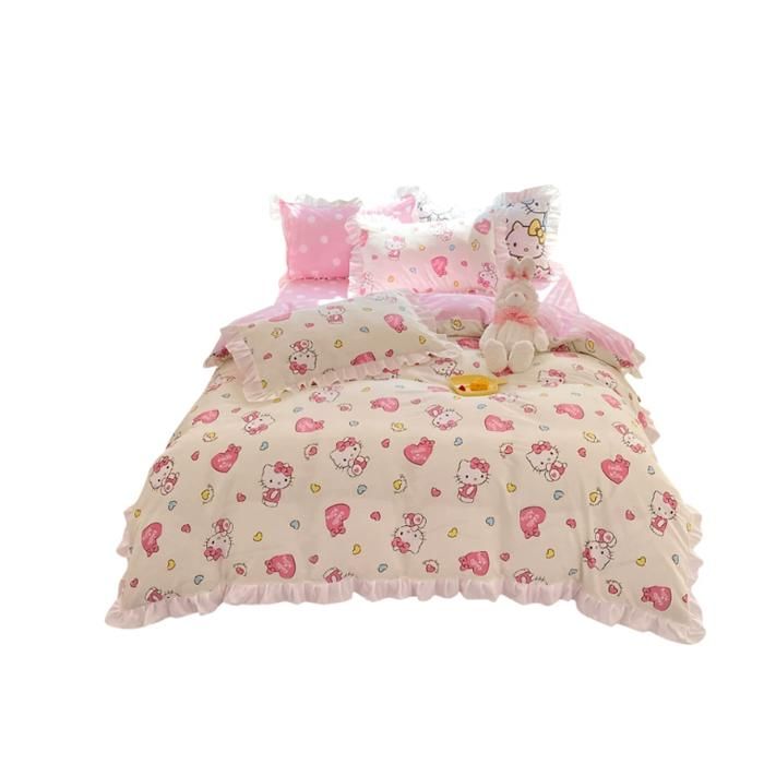 4 pièces Hello Kitty volants dentelle 2 taies d’oreiller + 1 housse de couette + 1 drap de lit tissu doux respirant confort