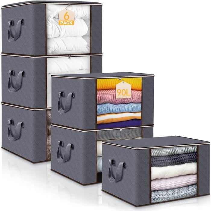 Lot de 6 Sacs de Rangement pour Vêtements Gris - Caisses de Rangement Pliables 90 L - Idéaux pour Armoires et Couettes