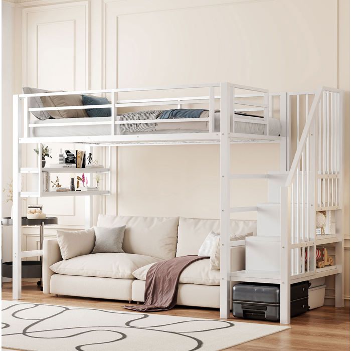 Lit mezzanine enfant 90 x 200 cm blanc avec escalier de rangement étagères latérales et barrières