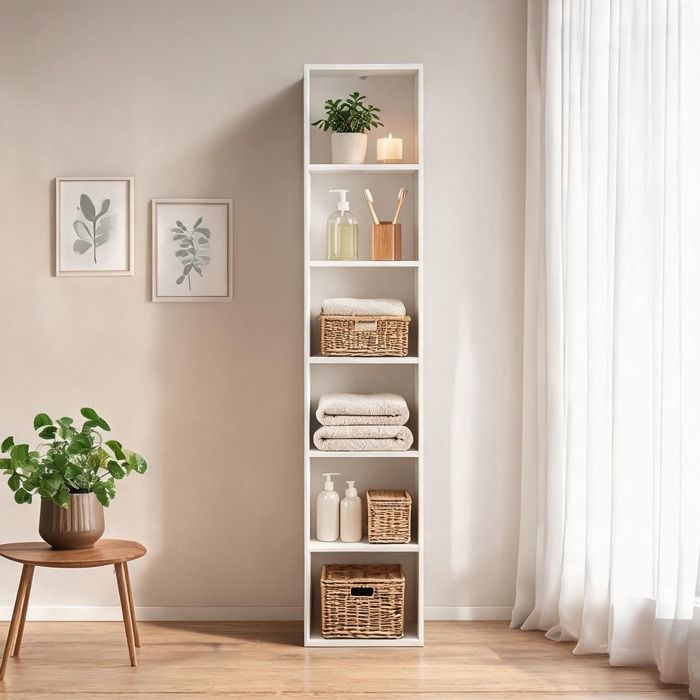 Étagère cube 6 niches blanc brillant MDF et panneau de particules 30x24x158 4 cm – Idéale pour chambre ou entrée