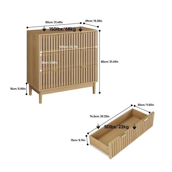Commode 3 tiroirs 80 x 39 x 80 cm en MDF et panneaux de particules finition chêne pieds en bois massif