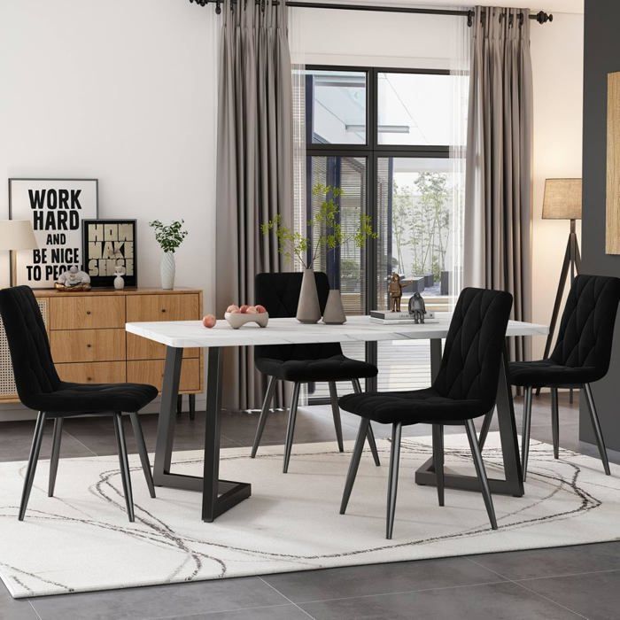 Table Rectangulaire avec 4 Chaises-117x68cm Table de Salle à Manger aux Pieds Noirs avec Chaises de Noir Twill Velours-Cuisine