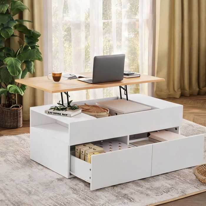 Table basse relevable style scandinave 100x50 cm avec 2 tiroirs et niches latérales blanc et bois