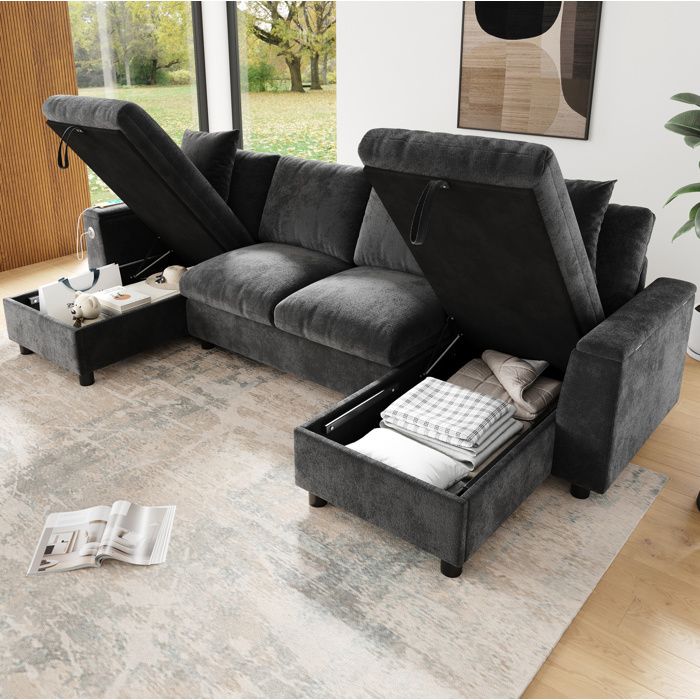 Canapé panoramique en U 4 places avec rangement USB et Type-C - ELVMI - chenille grise 284 × 135 × 84 cm