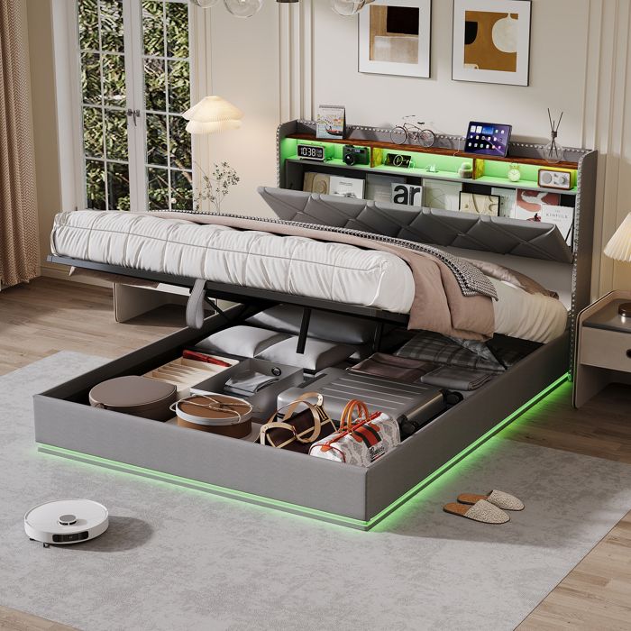 lit coffre double 140x200cm lin gris rangement hydraulique tête lit bibliothèque éclairage RGB USB type-C sommier lattes chambre