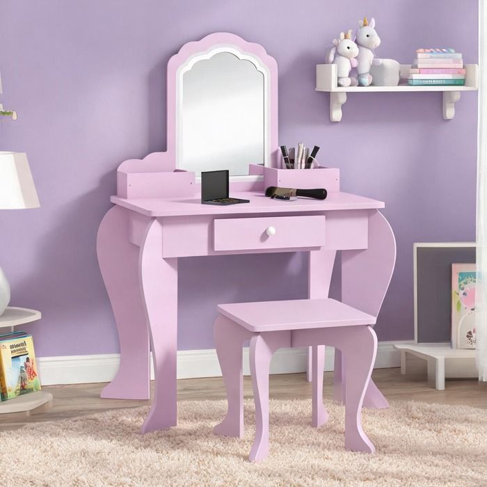 Coiffeuse enfant MDF blush pink avec miroir nuage tabouret et tiroir chambre 3-6 ans