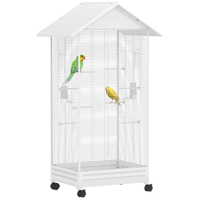 Grande Cage à Oiseaux sur Roulettes 79x65x155 cm - Volière Blanche avec 2 Mangeoires 8 Perchoirs et Plateau Amovible