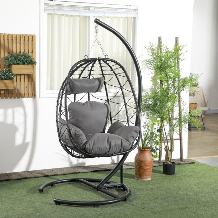 Fauteuil Suspendu Rotin PE Noir Oeuf Sur Pied FloraGrace Pour Jardin Veranda Pliable Avec Coussins 102x102x195cm