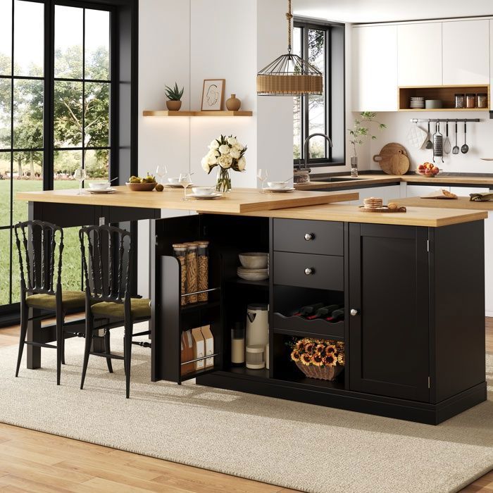 Îlot de cuisine extensible avec rangement table de bar moderne 120–197 × 40 × 74 cm pivotant à 360° portes à aimant noir