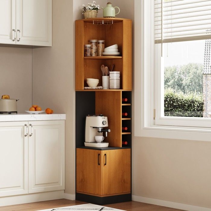 Meuble Bar dAngle avec Porte-Verres 4 Casiers et Placard Bas - MEUNIQ - pour Cuisine MDF Naturel 40×40×182 cm