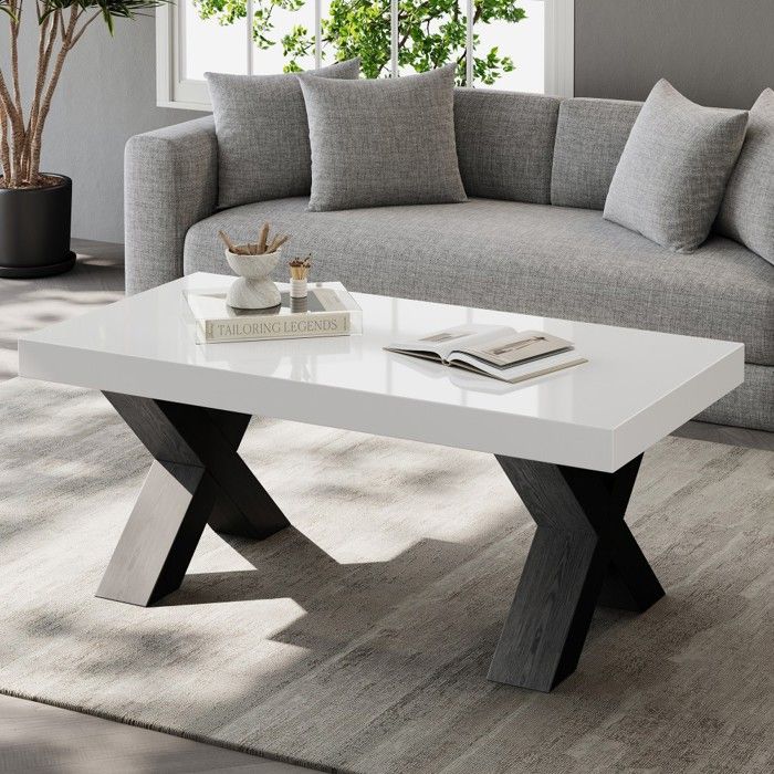 Table basse rectangulaire MDF 100x50x40cm laquée brillante blanc noir pieds X pour salon balcon chambre bureau Table basse rectangulaire MDF 100x50x40cm laquée brillante blanc noir pieds X pour salon balcon chambre bureau