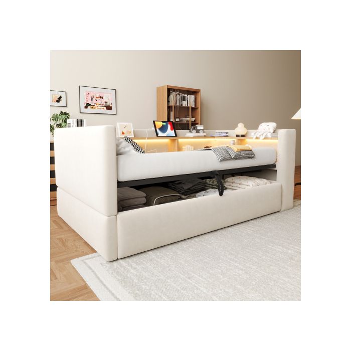 Canapé-lit - WESTYLE - Canapé-Lit Rembourré 90x190 cm - Coffre Hydraulique - LED & Prises USB - Velours Beige