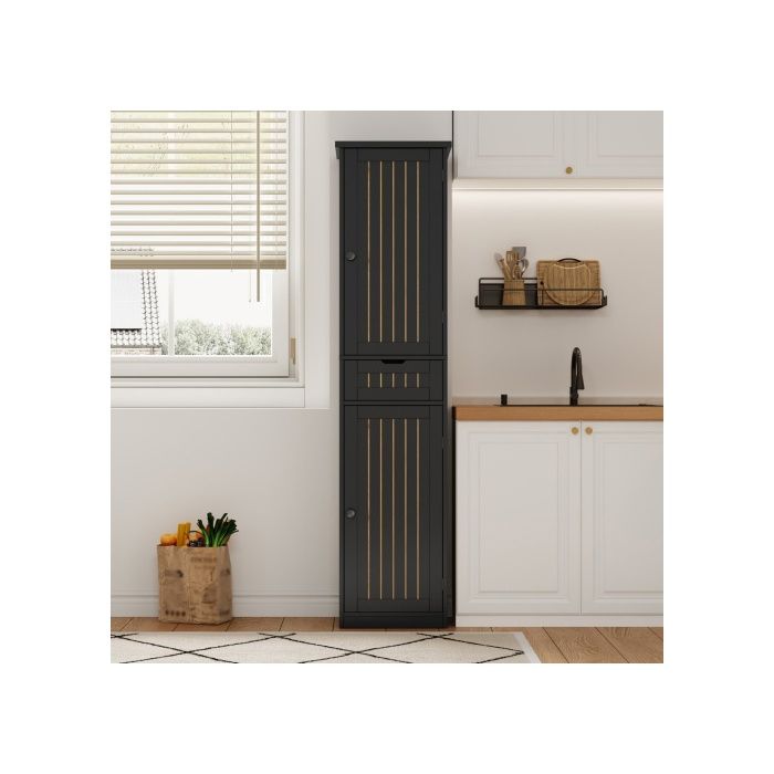 Armoire haute de cuisine 40x30x170 cm 2 portes 1 tiroir 4 étagères réglables façades rainurées rétro MDF anti-basculement
