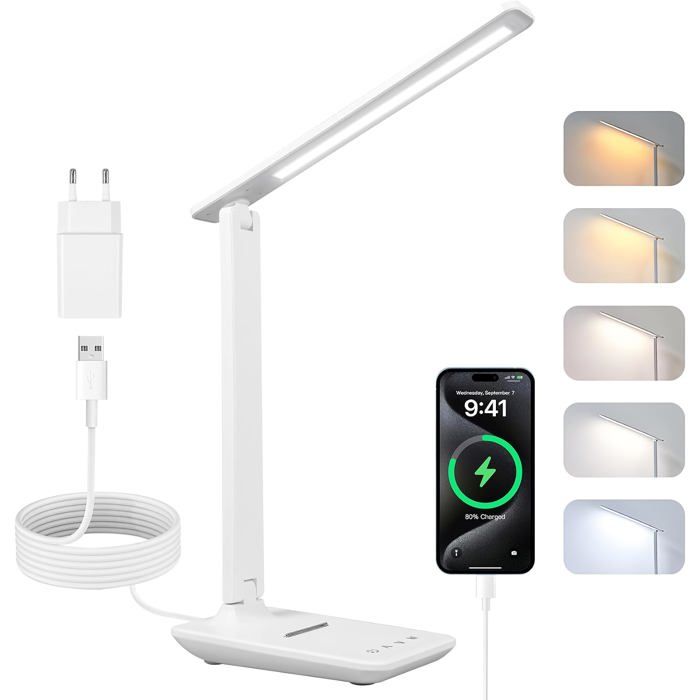 Lampe de Bureau LED– 25 Modes Pliable Protection oculaire Port USB & Support Téléphone – Pour Lecture et Bureau – Blanc