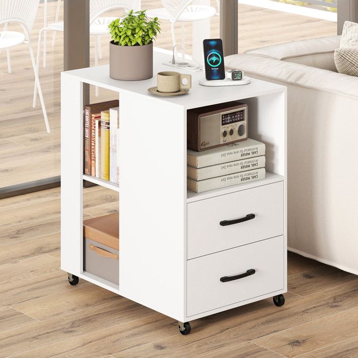 Design double face table de chevet à roulettes avec station de charge 2 tiroirs et étagères pour chambre