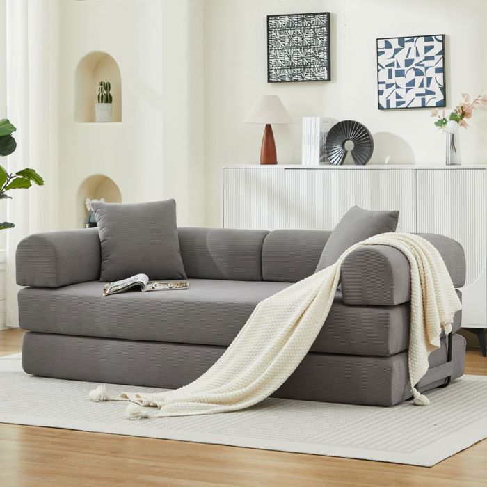 Canapé-lit - SOGEU - Futon - Velours côtelé - Matelas mousse & ressorts - 2 coussins inclus