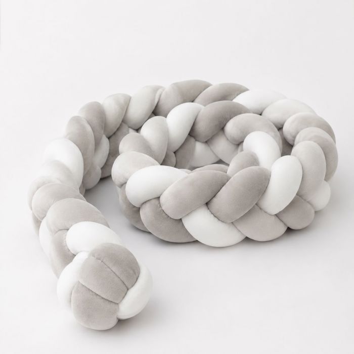 Tour de lit bébé tressé – Protection antichoc tressée douce - Tricot main – Bébé chambre– 2M Gris Blanc