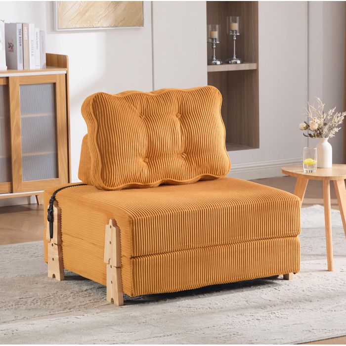 Fauteuil convertible 1 place avec fonction lit dossier rembourré velours côtelé bois orange - UVRION