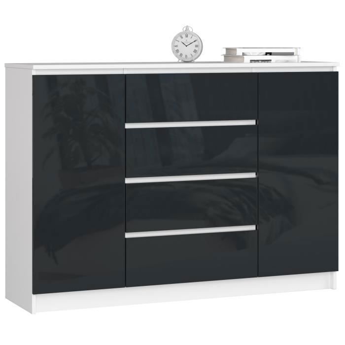 Commode AKORD K140 Blanche 138 cm 2 portes 4 tiroirs façade Graphite Brillant 4 étagères 138x40x99 cm