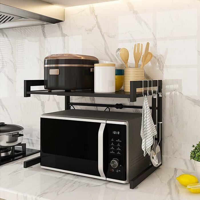 Étagère Extensible Pour Micro-ondes - 2 Niveaux Acier Inox Réglable 40-64cm, 4 Crochets - 7